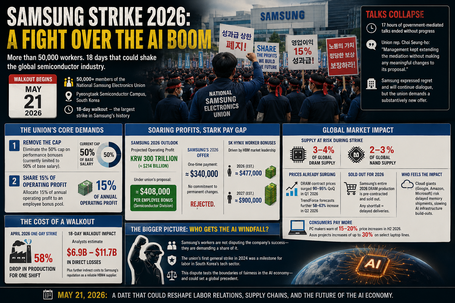 Samsung strike 2026, Samsung Electronics union, DRAM supply shortage, memory chip prices, AI hardware boom, semiconductor labor dispute, SK Hynix bonus comparison, global chip supply chain